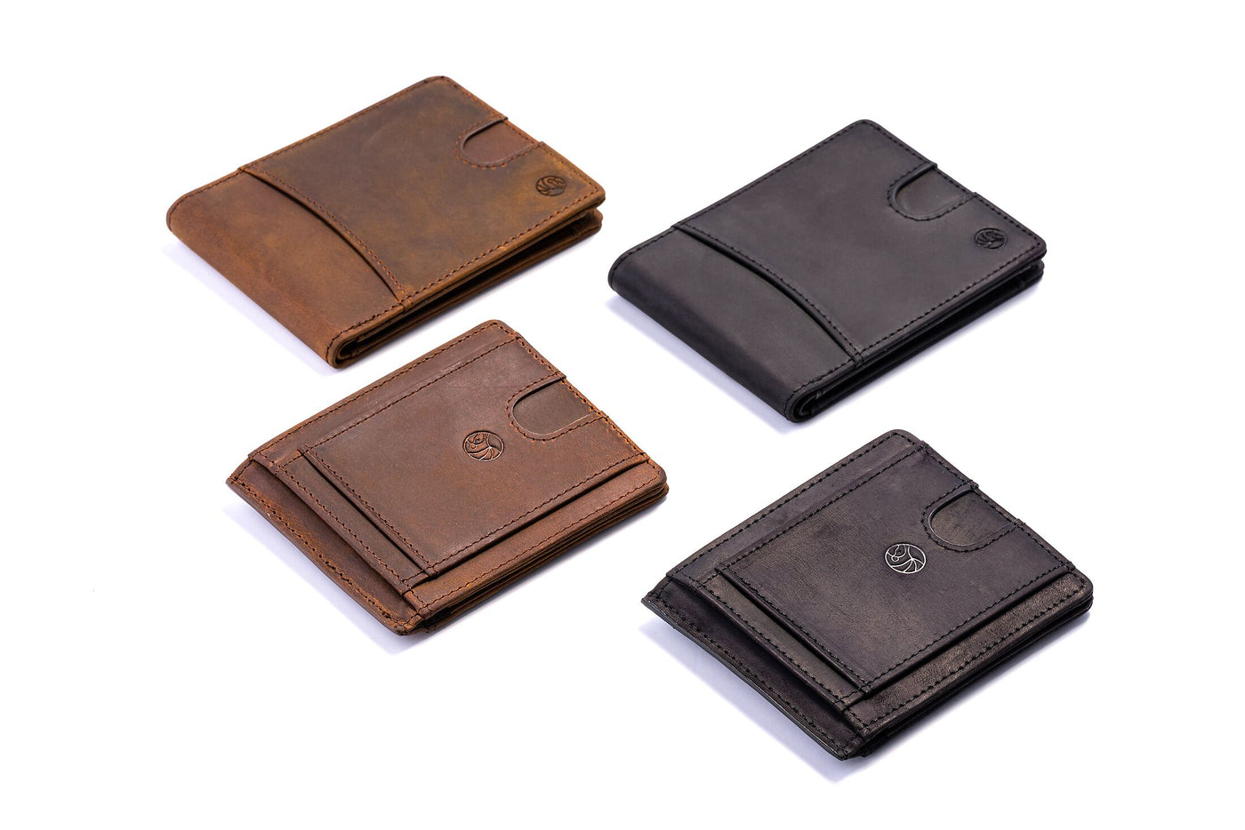 All four armadillo wallets: Classic and Slim, in brown and black